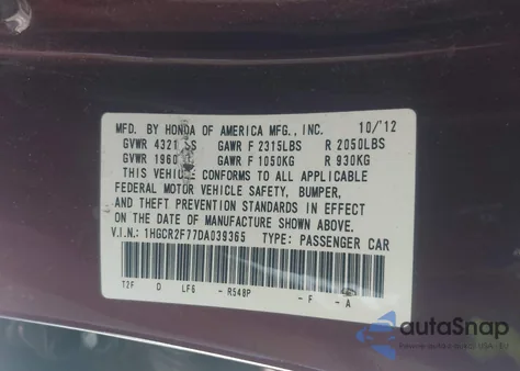 2013 Honda Accord Ex z USA, uszkodzony, nr VIN 1HGCR2F77DA039365